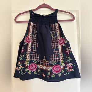 Free People size small navy floral embroidered halter tank top blouse
